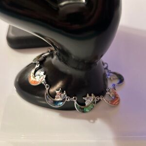 Vintage Silver Tone Moon Stars Bracelet Enamel Faux Abalone Glows black light